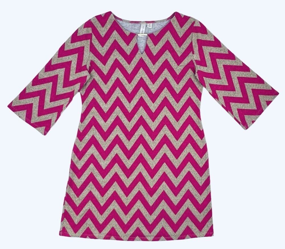 Tacera Dress Pink Beige Chevron Print Shift Knit 3/4 Sleeve Womens Medium